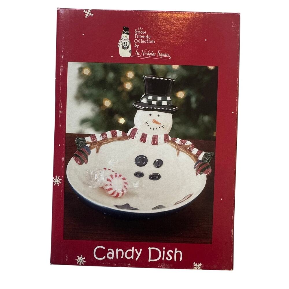 NIB Vtg St. Nicholas Square Snowman Candy Dish Ceramic 5.5" Diameter